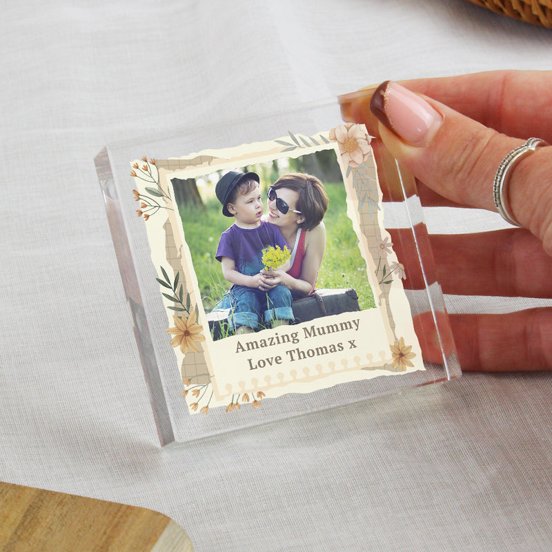 Personalised Wild Flowers Photo Upload Crystal Glass Block