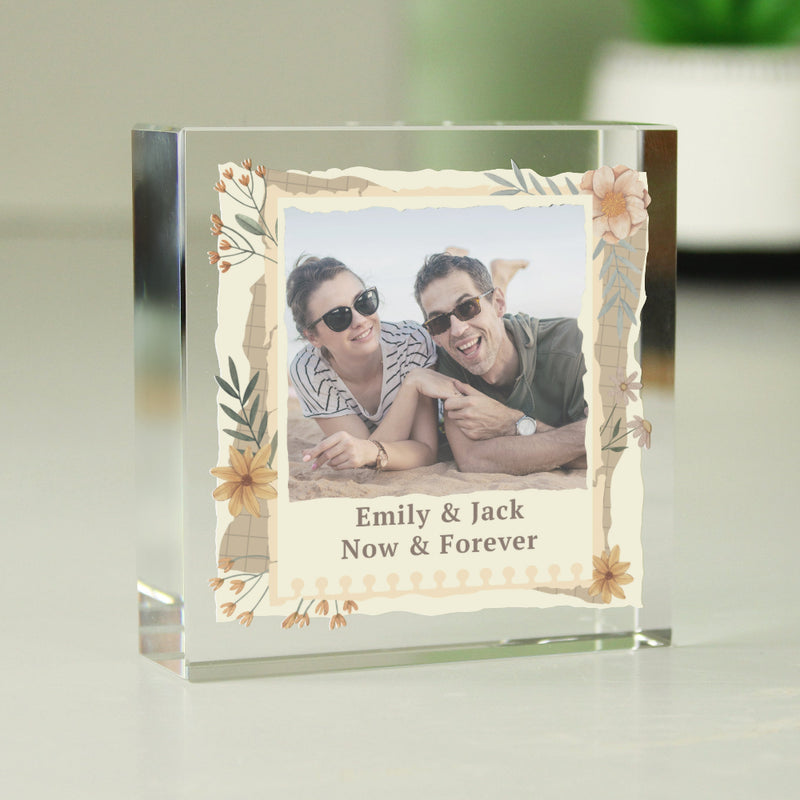 Personalised Wild Flowers Photo Upload Crystal Glass Block