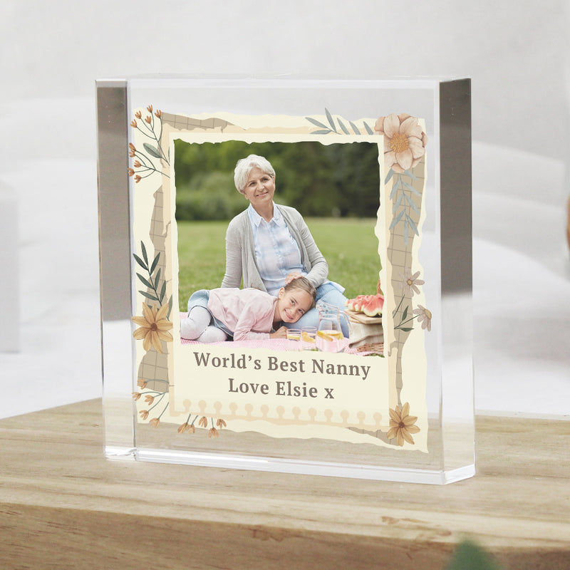 Personalised Wild Flowers Photo Upload Crystal Glass Block