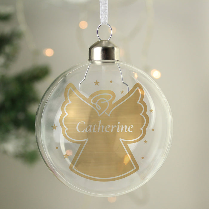 Personalised Gold Angel Name Christmas Memorial Glass Bauble