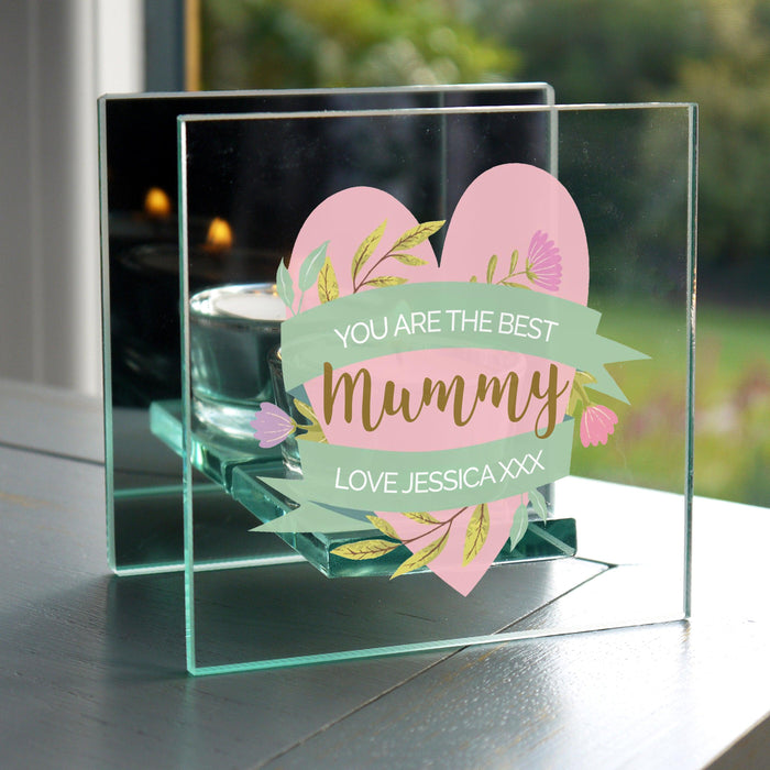 Personalised Floral Heart Mirrored Glass Tea Light Holder