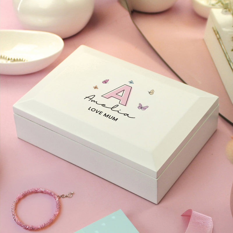 Personalised Butterfly Initial White Wooden Jewellery Box