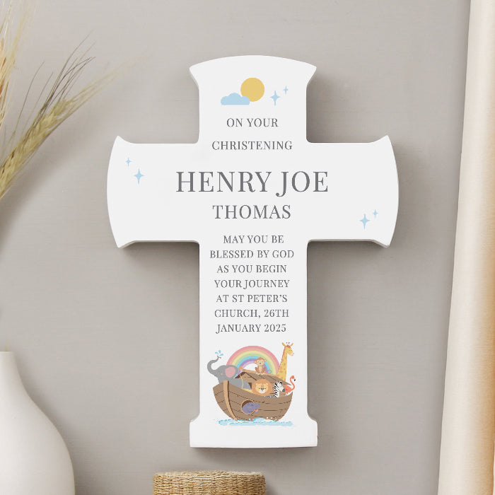 Personalised Noahs Ark Christening Cross Wooden Ornament