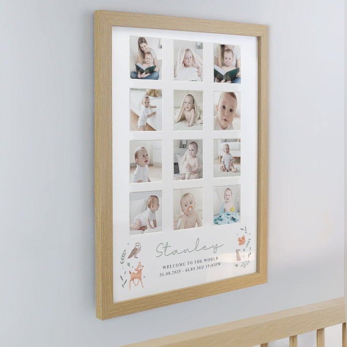 Personalised New Baby Woodland Animal Oak Multi Photo Frame