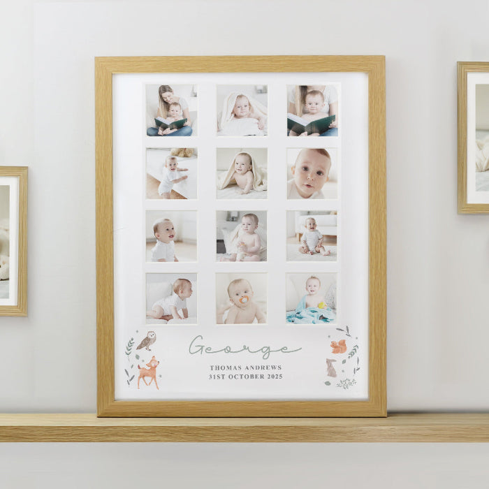 Personalised New Baby Woodland Animal Oak Multi Photo Frame