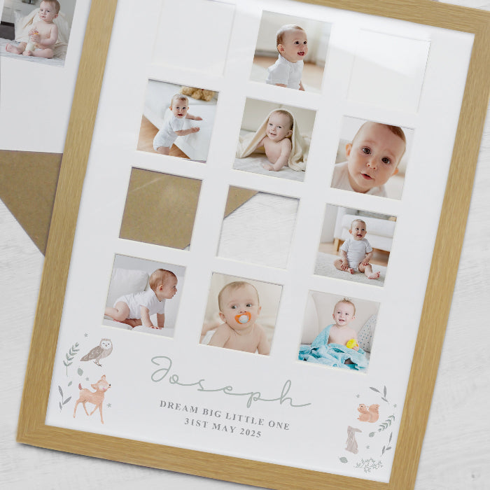Personalised New Baby Woodland Animal Oak Multi Photo Frame
