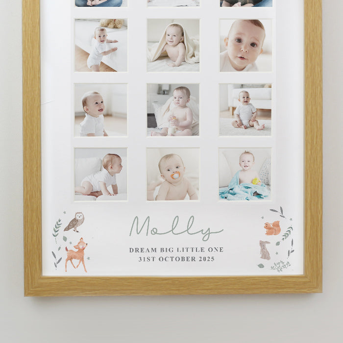 Personalised New Baby Woodland Animal Oak Multi Photo Frame
