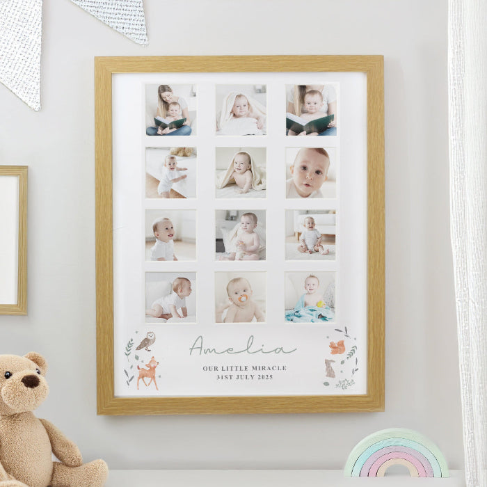Personalised New Baby Woodland Animal Oak Multi Photo Frame