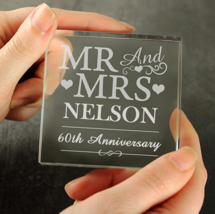 Personalised 60th Anniversary Crystal Glass Block - Mr & Mrs