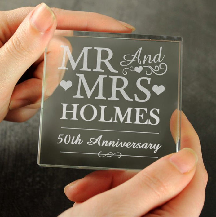 Personalised 50th Anniversary Crystal Glass Block - Mr & Mrs
