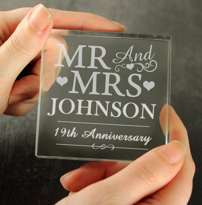 Personalised 19th Anniversary Crystal Glass Block - Mr & Mrs