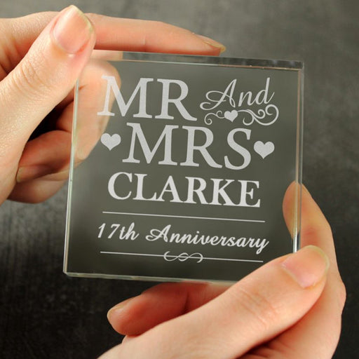 Personalised 17th Anniversary Crystal Glass Block - Mr & Mrs