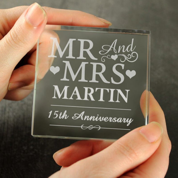 Personalised 15th Anniversary Crystal Glass Block - Mr & Mrs