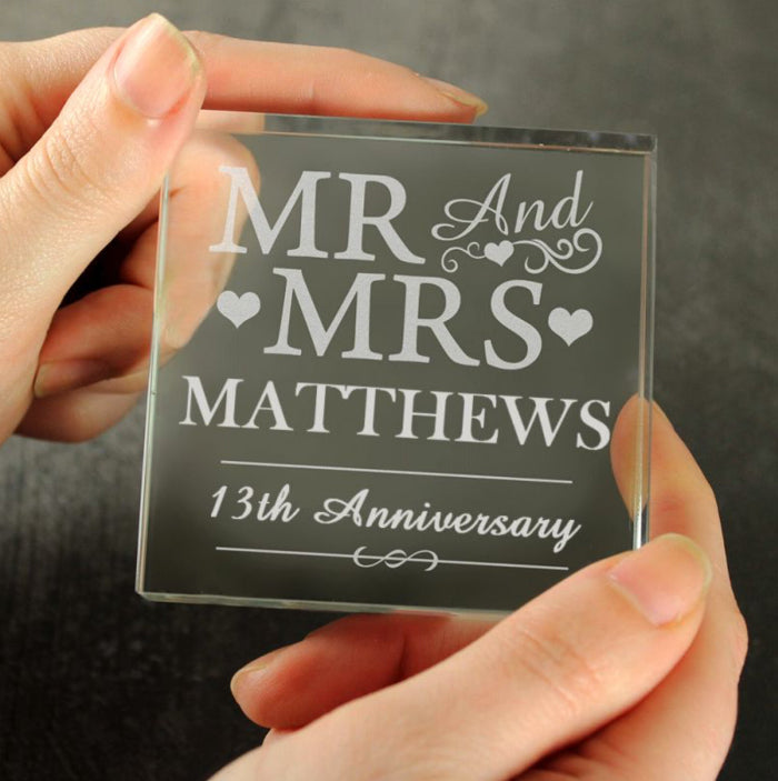 Personalised 13th Anniversary Crystal Glass Block - Mr & Mrs