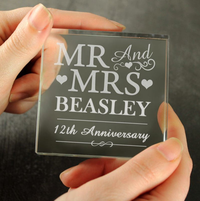 Personalised 12th Anniversary Crystal Glass Block - Mr & Mrs