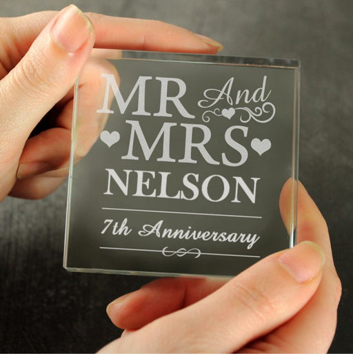 Personalised 7th Anniversary Crystal Glass Block - Mr & Mrs
