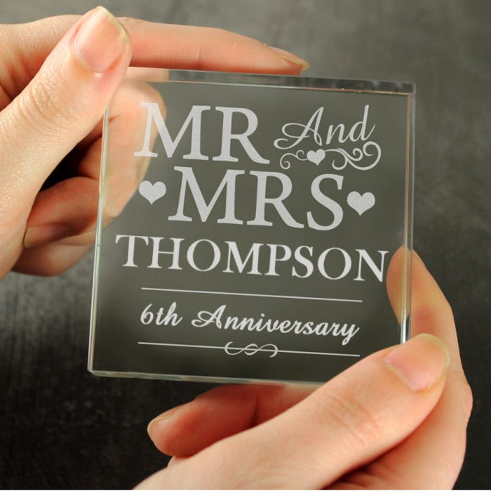 Personalised 6th Anniversary Crystal Glass Block - Mr & Mrs