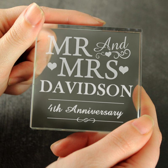 Personalised 4th Anniversary Crystal Glass Block - Mr & Mrs