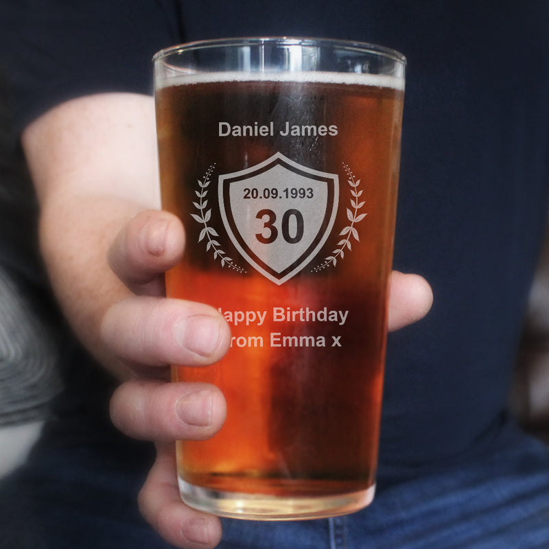 Personalised 30th Birthday Crest Pint Glass