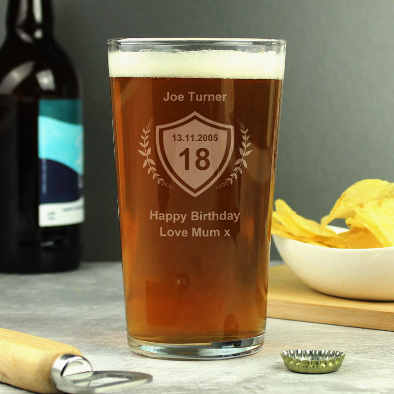 Personalised 18th Birthday Crest Pint Glass