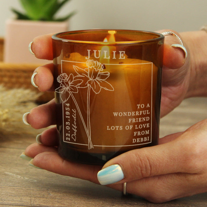 Personalised Birth Flower Amber Glass Candle - Any Month
