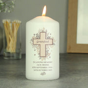 Personalised Floral Cross Memorial Pillar Candle