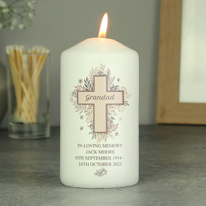 Personalised Floral Cross Memorial Pillar Candle