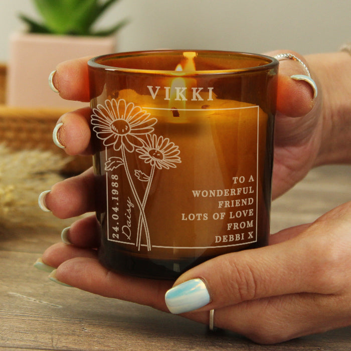 Personalised Birth Flower Amber Glass Candle - Any Month
