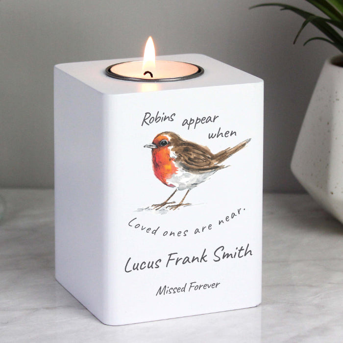 Personalised Robin In Memory Memorial Wooden Tealight Holder