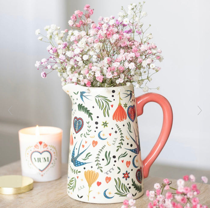 Cream Folk Print Ceramic Flower Jug Vase