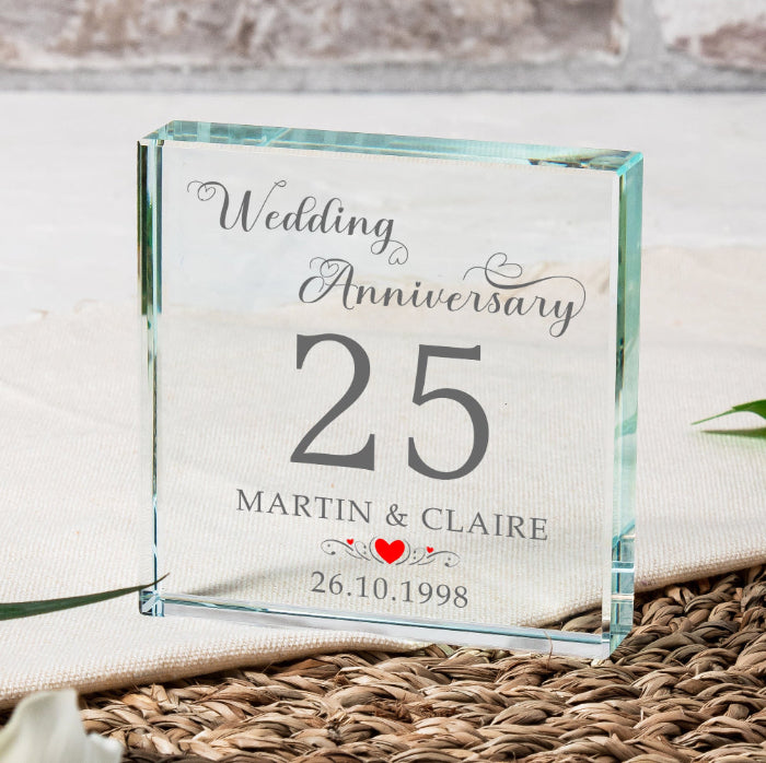 25th Silver Anniversary Glass Gift Plaque - Personalised 