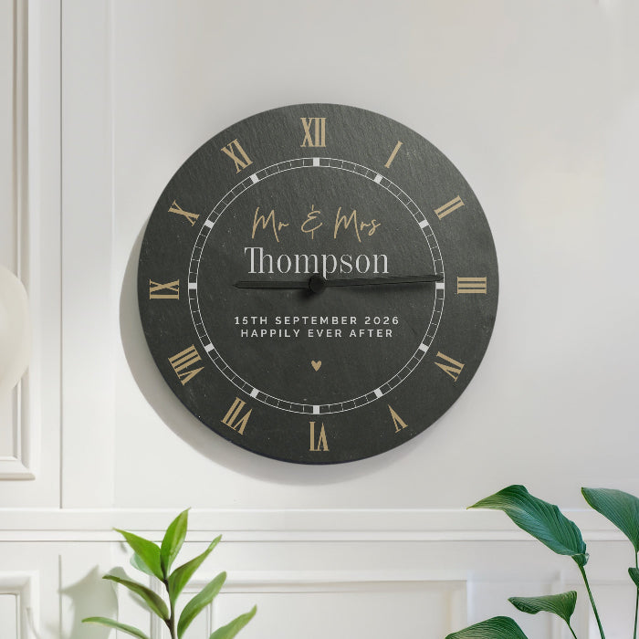 Personalised Black & Gold Wedding Slate Clock