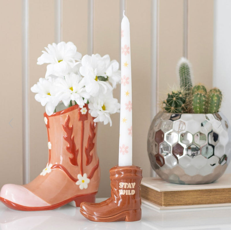 Stay Wild Brown Cowboy Boot Candle Holder with Taper Candle