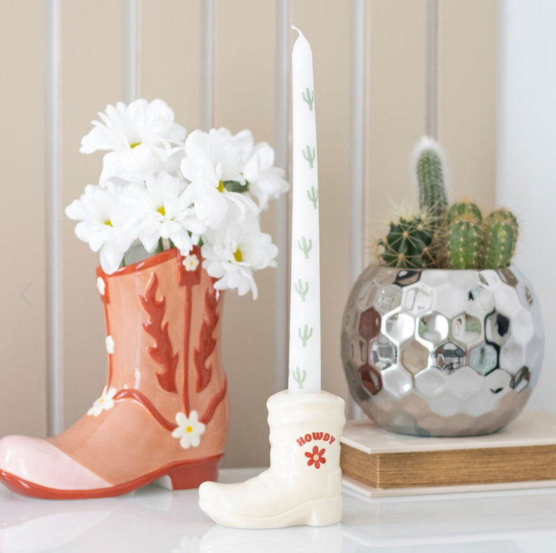 Howdy White Cowboy Boot Candle Holder with Taper Candle