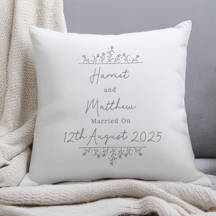 Personalised Grey Floral Wedding Cushion - Any Text