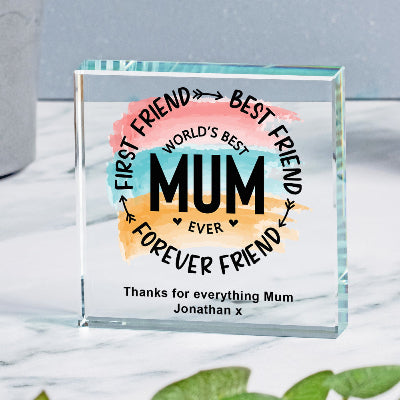 Worlds Best Mum Ever Forever Friend Crystal Glass Ornament