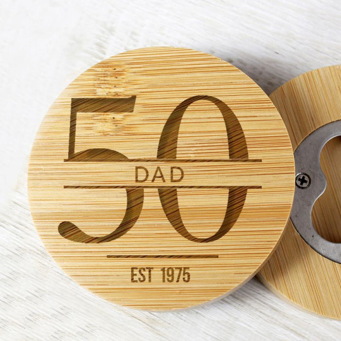 Personalised 50th Birthday Bamboo Bottle Opener Coaster