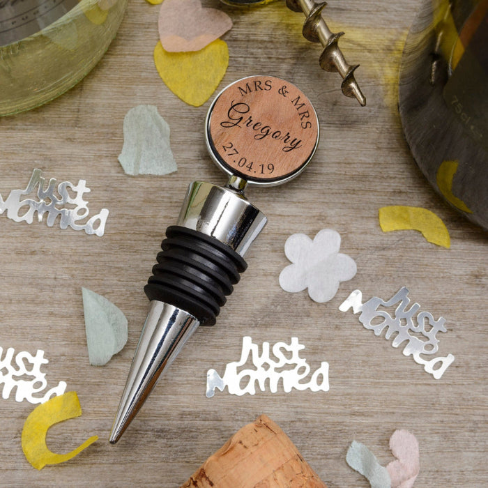 Personalised Mrs & Mrs Bottle Stopper - Cherrywood
