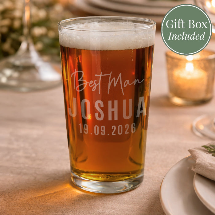 Personalised Wedding Pint Glass for Groomsman - Gift Boxed