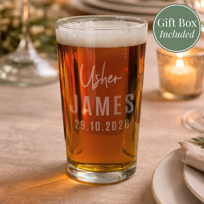 Personalised Wedding Pint Glass for Groomsman - Gift Boxed