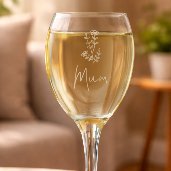 Personalised Flower Motif Wine Glass With Name