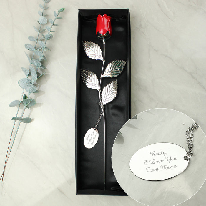 Personalised Silver Plated Red Rose With Black Gift Box