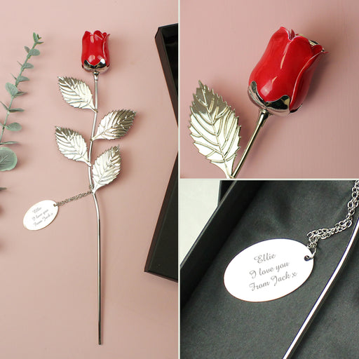 Personalised Silver Plated Red Rose With Black Gift Box