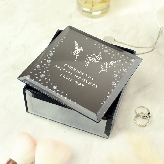 Personalised Floral Flower Diamante Mirrored Glass Trinket Box