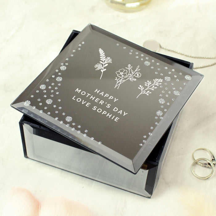 Personalised Floral Flower Diamante Mirrored Trinket Box