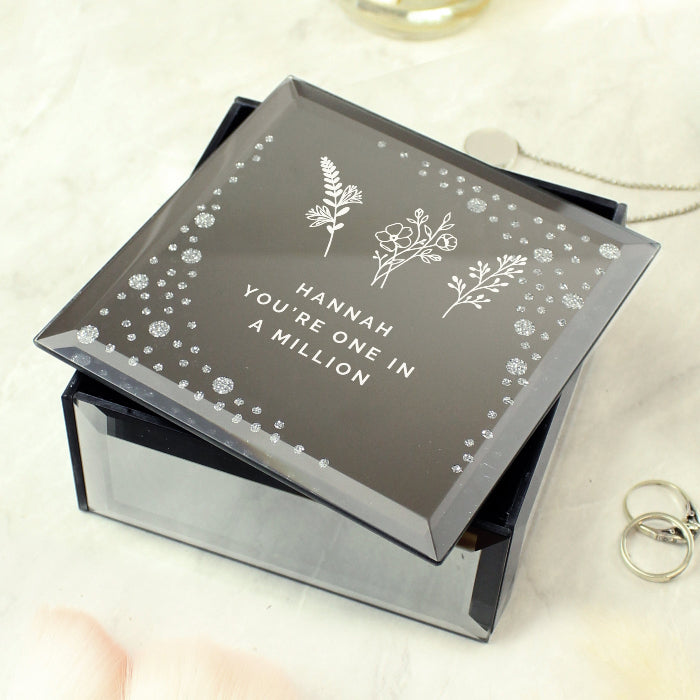 Personalised Floral Flower Diamante Mirrored Glass Trinket Box