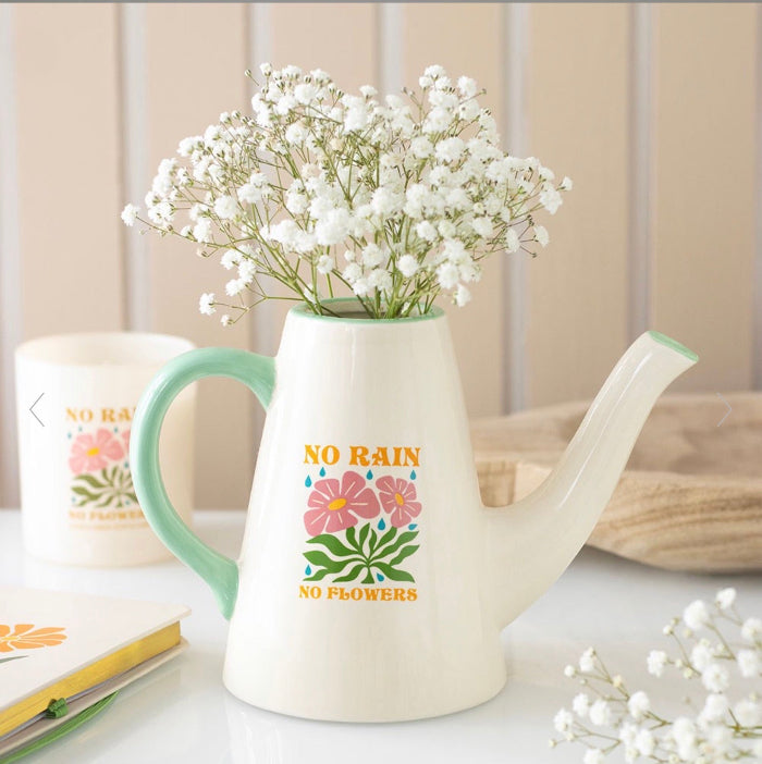 No Rain, No Flowers Ceramic Watering Can Vase | Plant Lover Gift