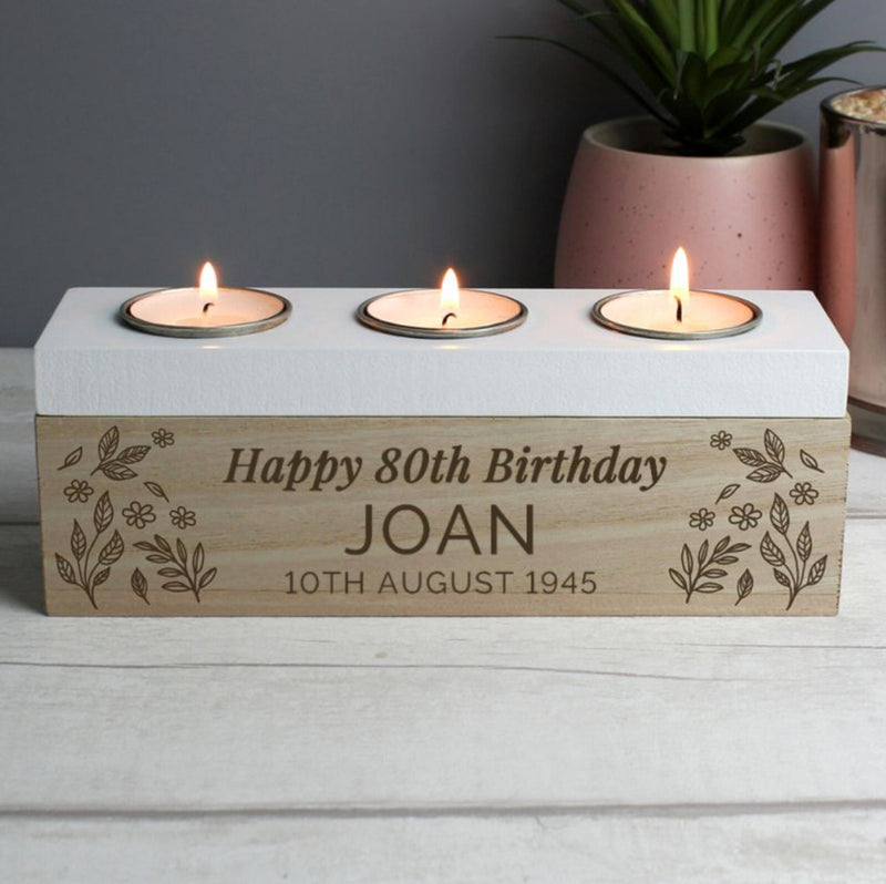 Personalised 80th Birthday Floral Triple Tea Light Box