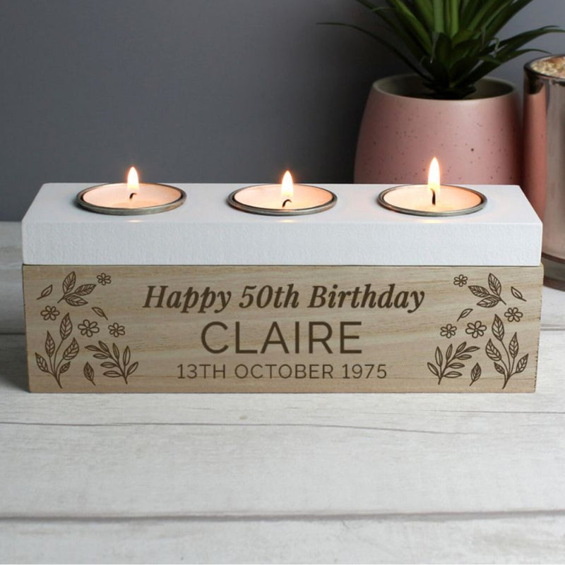 Personalised 50th Birthday Floral Triple Tea Light Box