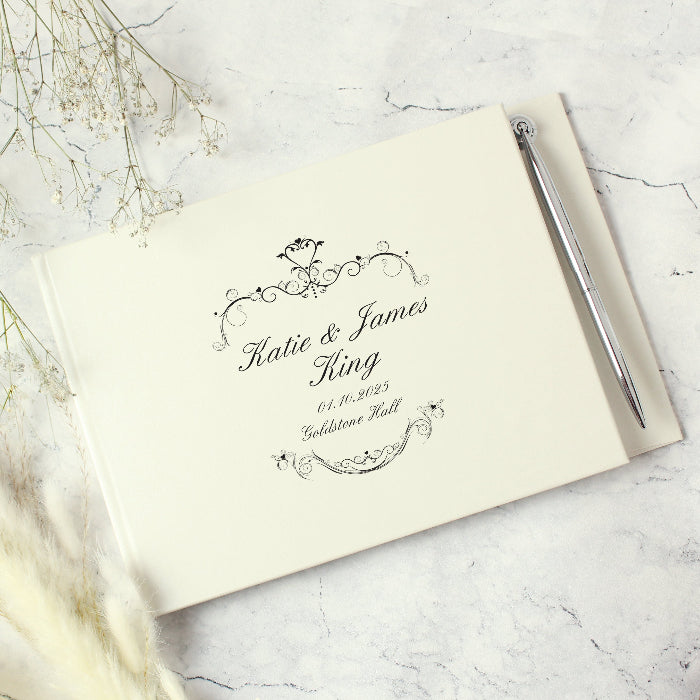 Ornate Swirl Wedding Hardback Guest Book & Pen - Personalised